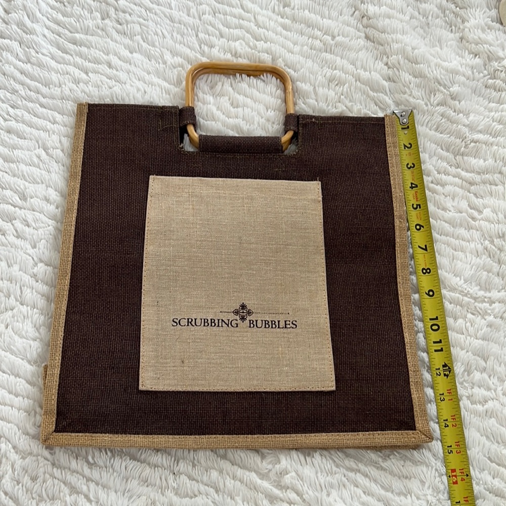 Linen tote shopper with bamboo handles and front pocket